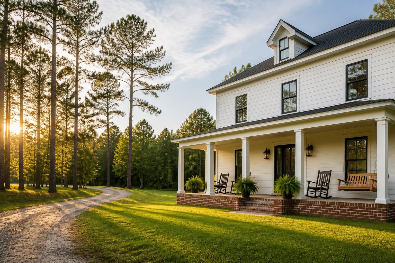 White farmhouse with a front porch, porch swing, rocking chairs, and pines — brand scene, not a listing